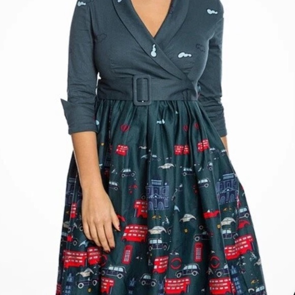 Lindy Bop Dresses & Skirts - Lindy Bop Teal Green Fit-and-Flare Dress with London Traffic Print